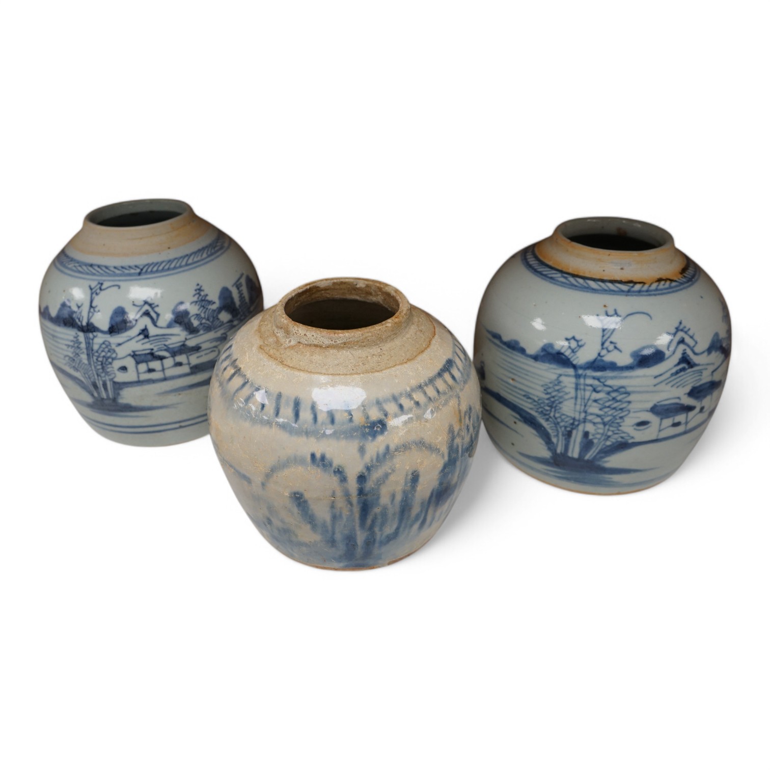 Three 18th/19th century Chinese blue and white jars, tallest 16.5cm high. Condition - fair